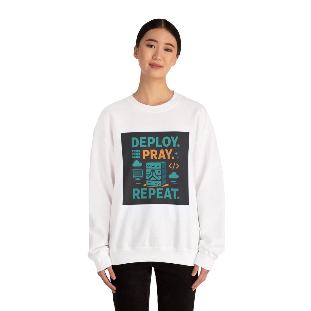 Deploy Pray Repeat Sweatshirt — Dev & Faith Tech Crewneck