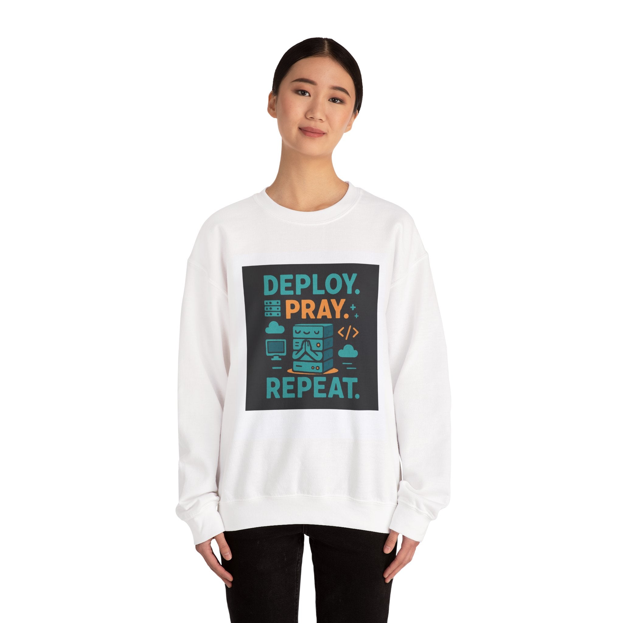 Deploy Pray Repeat Sweatshirt — Dev & Faith Tech Crewneck