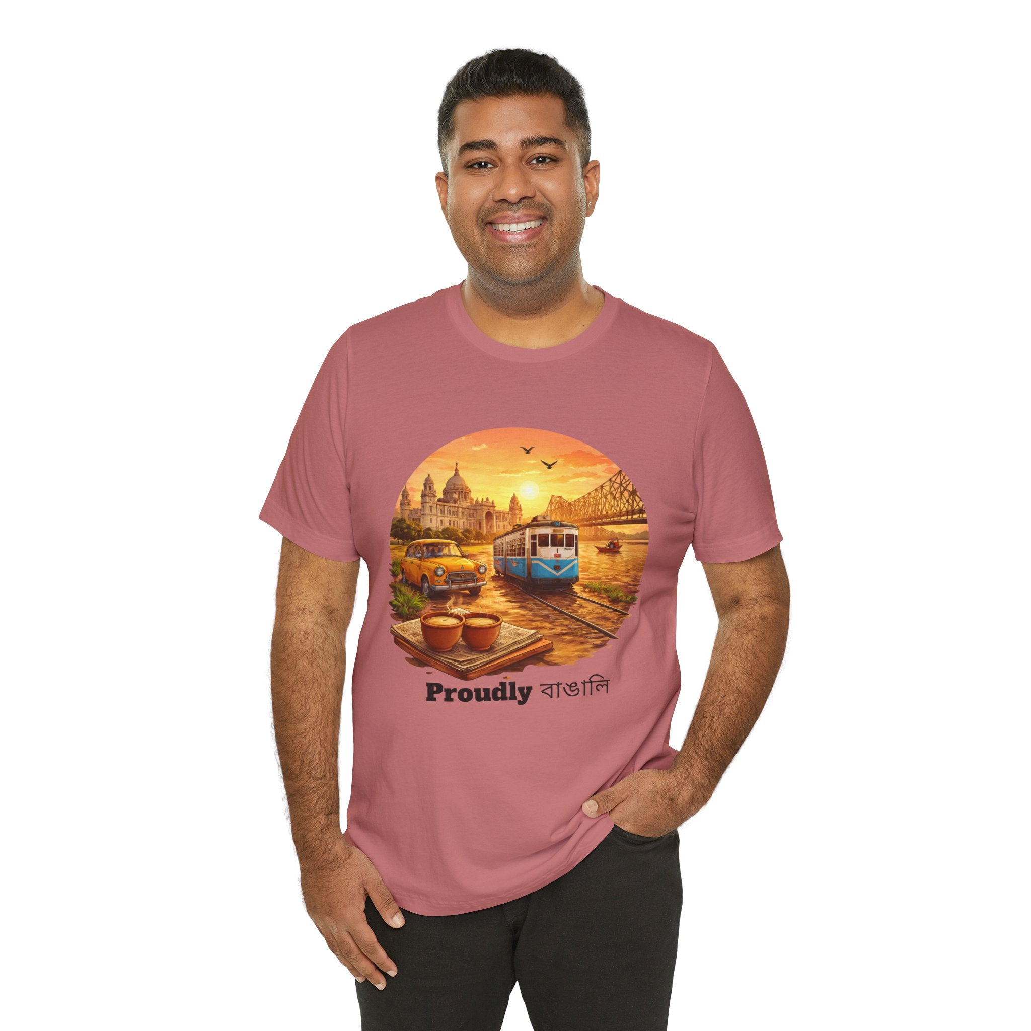 Proudly Bangali Tee — Kolkata Vintage Tram & River Sunset T‑Shirt