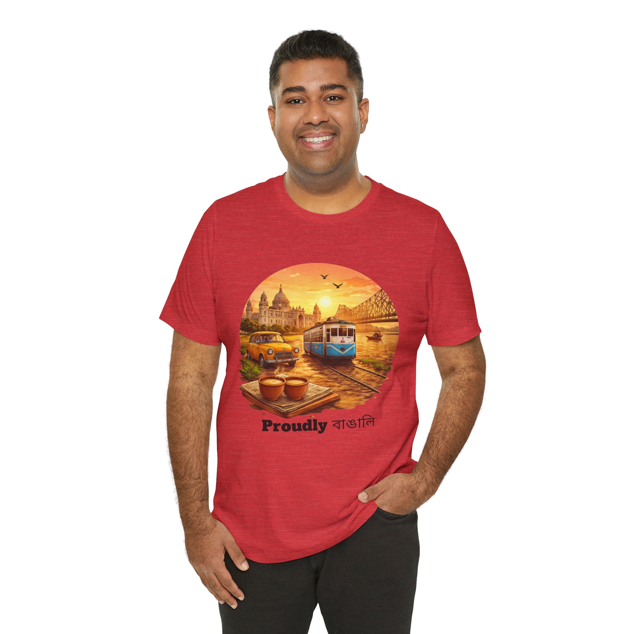 Proudly Bangali Tee — Kolkata Vintage Tram & River Sunset T‑Shirt