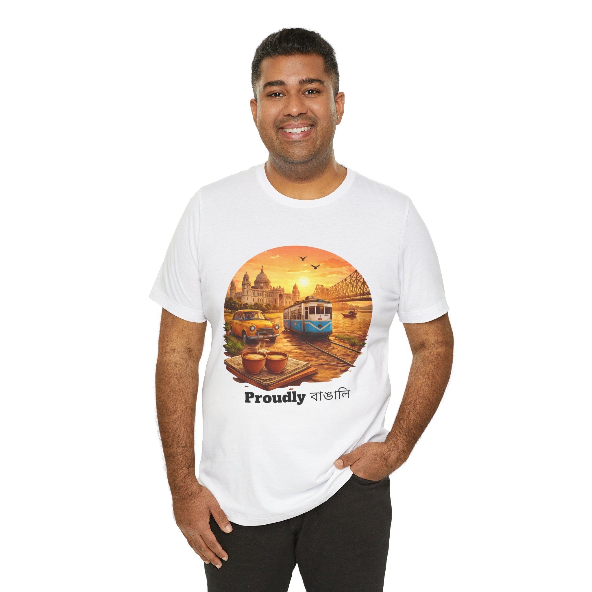 Proudly Bangali Tee — Kolkata Vintage Tram & River Sunset T‑Shirt