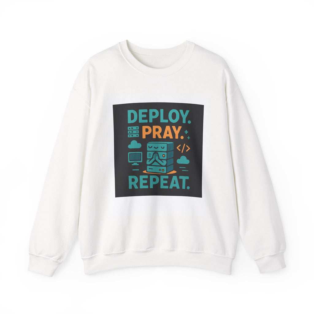 Deploy Pray Repeat Sweatshirt — Dev & Faith Tech Crewneck