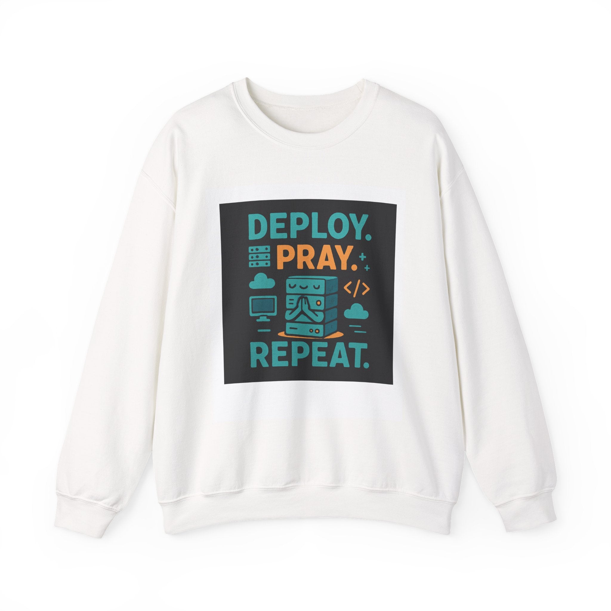 Deploy Pray Repeat Sweatshirt — Dev & Faith Tech Crewneck