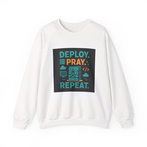 Deploy Pray Repeat Sweatshirt — Dev & Faith Tech Crewneck