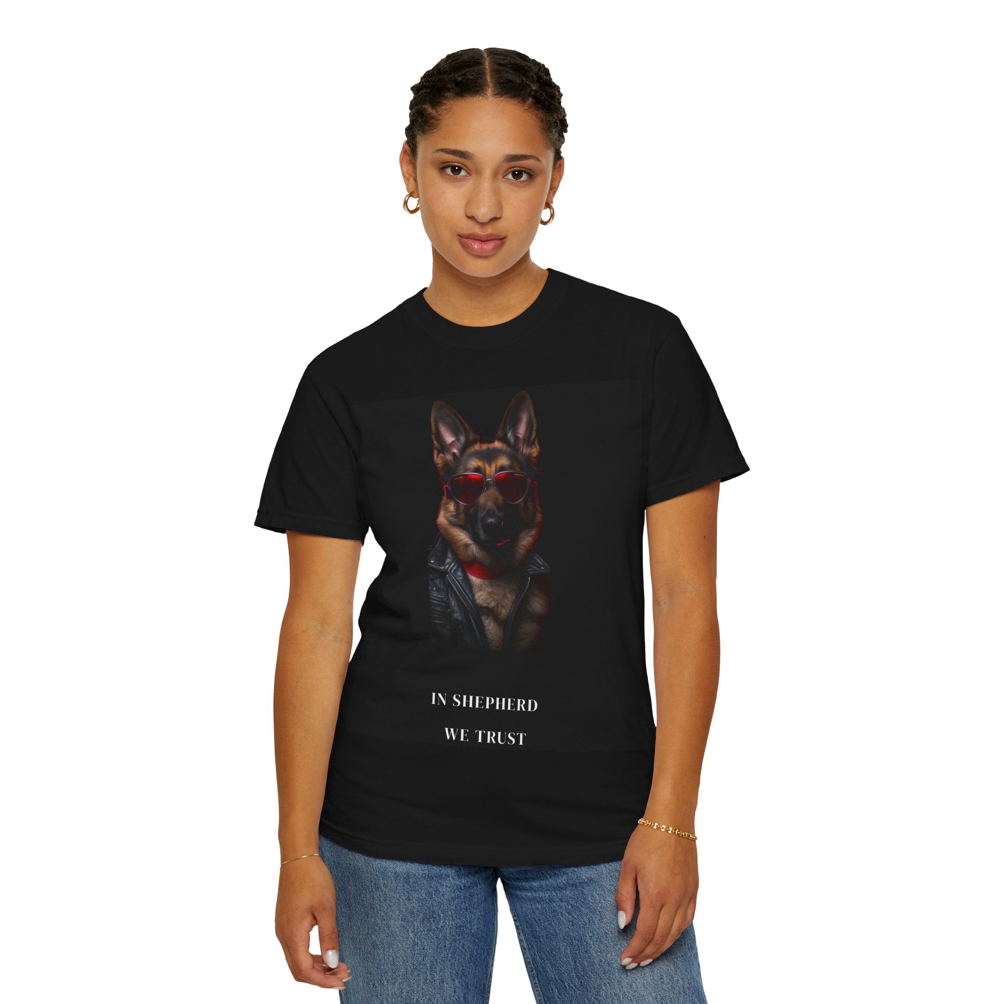 German Shepherd Portrait T‑Shirt — “In Shepherd We Trust”