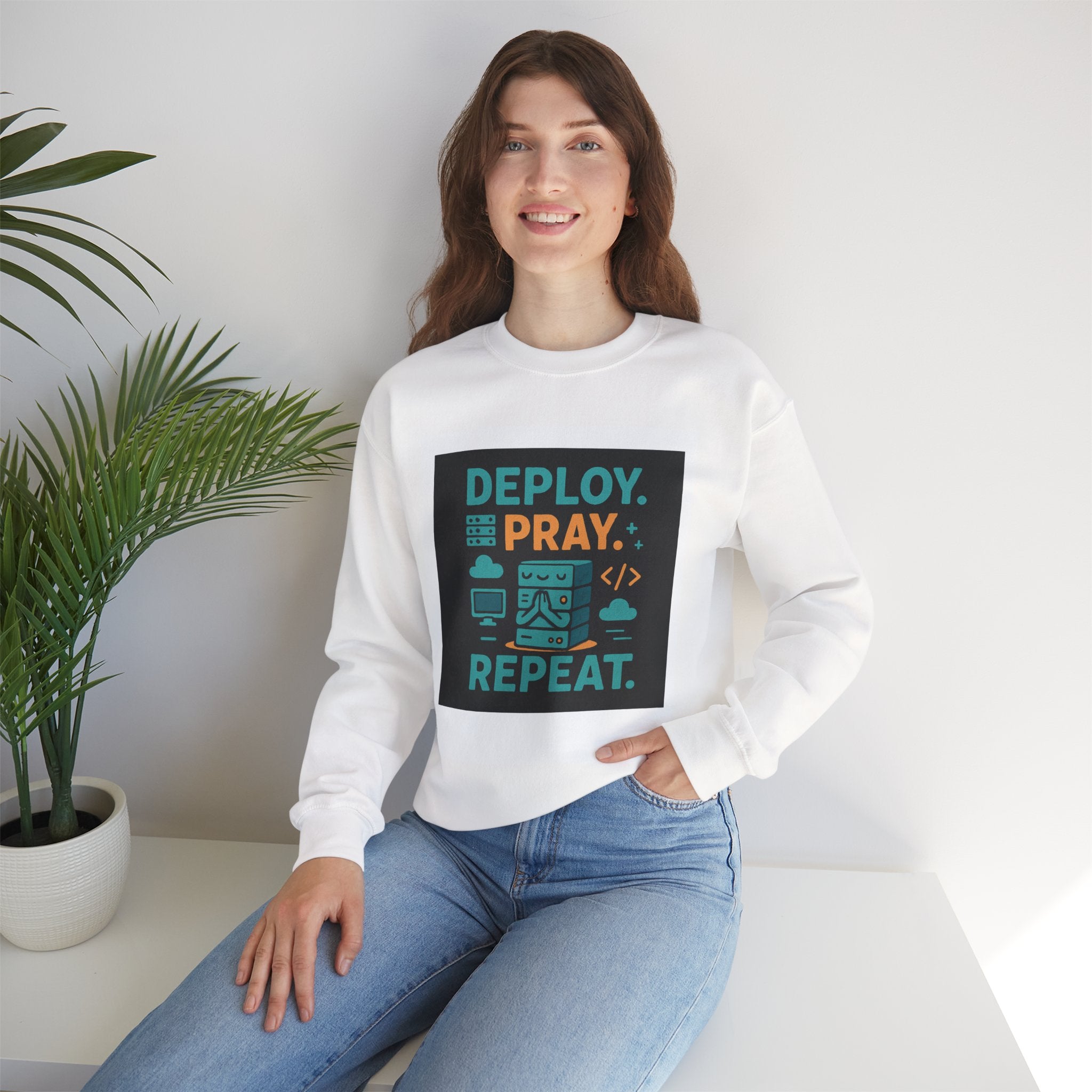 Deploy Pray Repeat Sweatshirt — Dev & Faith Tech Crewneck